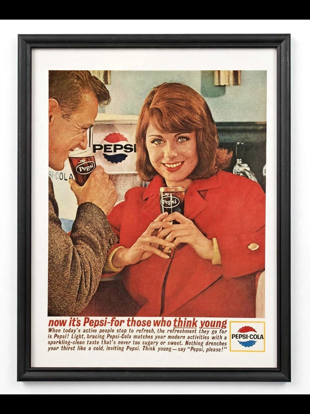 Retro Framed Pepsi-Cola Ad | 1960s Couple Soda Shop Wall Art